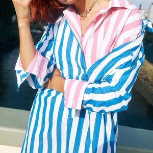 Sundry Candy Striped Magenta & White Striped Button Down Shirt Sz S Like New